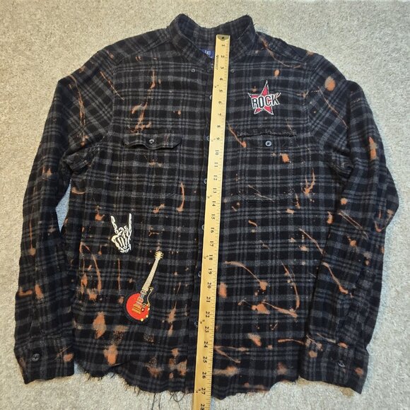 OOAK Upcycled Flannel Shirt Def Leppard Rockabilly Patches Distressed Grunge XL - Picture 6 of 13